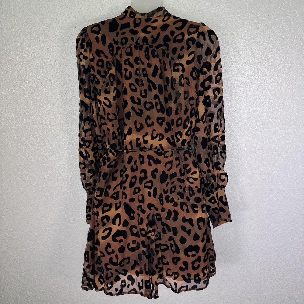 CIEBON Dress Womens XS Leopard Shirt Dress Belted Chiffon Puff Sleeve Brown NEW - Picture 2 of 10